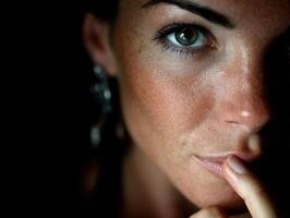 Intense gaze of a woman with striking features in low light photo