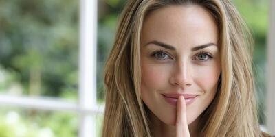 Woman gives silent gesture in a bright indoor setting photo
