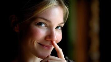 Woman with playful smile holds finger to lips indoors photo