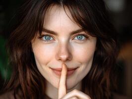 Woman poses playfully with a quiet expression in indoor setting photo