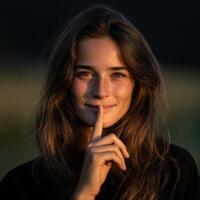 Young woman smiling with a finger on her lips at sunset photo