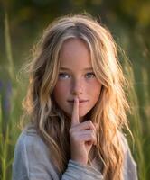 Girl with long hair holds finger to lips in a serene field photo