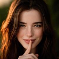 Model posing in a serene outdoor setting with a playful expression photo