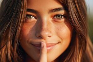 Young girl making a shushing gesture in natural light photo