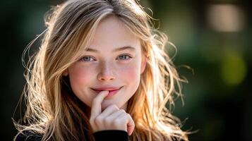 Young girl smiling with playful expression in natural light photo