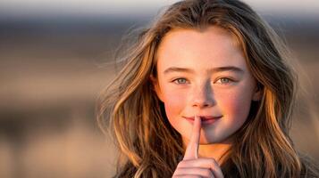 Girl with a playful expression at sunset in nature photo