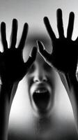 Silhouetted figure appears to scream behind frosted glass photo