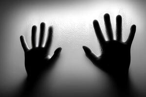 Hands pressing against a fogged window in black and white photo