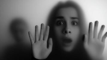 Young woman expressing fear behind fogged glass in dark setting photo