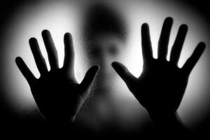 Hands pressed against a foggy surface with a silhouette behind photo