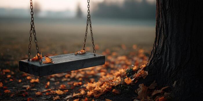 Swing set under a tree with autumn leaves on the ground photo