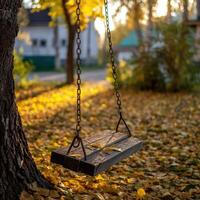 Wooden swing hanging from a tree surrounded by autumn leaves photo