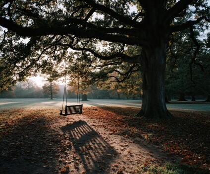 Peaceful swing under a tree in a serene park at dawn photo