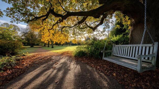 Sunset view of a peaceful park with a swing under a large tree photo