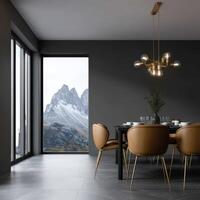 Modern dining area with mountain view in a stylish home photo