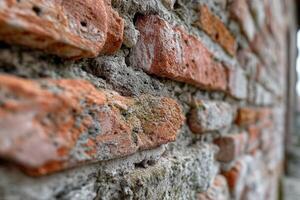 Detailed view of textured brick wall showcasing weathered surfaces photo