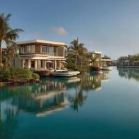 Luxury waterfront villas by a serene lagoon in tropical paradise photo