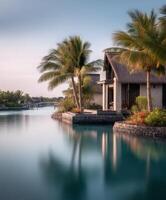 Serene waterfront villa surrounded by palm trees at dusk photo