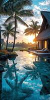 Oceanfront villa at sunrise with palm trees and tranquil pool photo