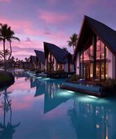 Tranquil resort villas by the serene lagoon at sunset photo