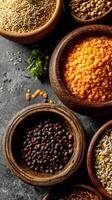 Colorful assortment of dried pulses and seeds in wooden bowls photo