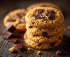 Delicious chocolate chip cookies stacked on rustic wooden table photo