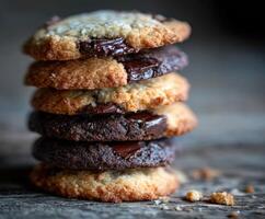 Stack of chocolate chip cookies on wooden surface photo