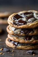 Delicious chocolate chip cookies stacked on a wooden table photo