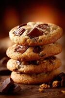 Freshly baked cookies stacked on a wooden surface photo
