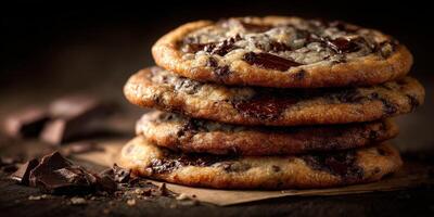 Freshly baked chocolate chip cookies stacked on a rustic surface photo