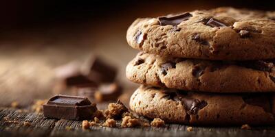 Freshly baked chocolate chip cookies stacked on a rustic wooden table photo