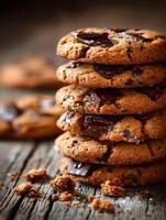 Chocolate chip cookies stacked on wooden surface for dessert display photo