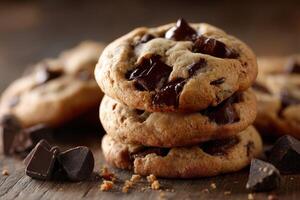 Freshly baked chocolate chip cookies stacked on a wooden table photo