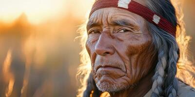 Portrait of a Native American man at sunset in a golden field photo