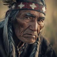 Elderly man with tribal attire and braids gazes intensely into the distance photo