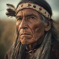 Elderly native man with traditional attire and expressive features in nature photo