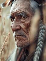 An old man with a headdress in a field photo