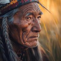 Elder Native American man in traditional attire during golden hour in nature photo