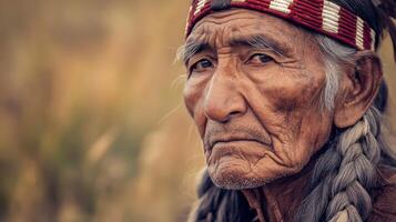 Elder member of Native American tribe reflecting on heritage in nature photo