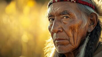 Elder Native American man in traditional attire poses during sunset glow photo