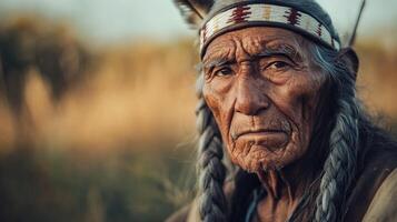 An elderly Indigenous person stands confidently in a serene outdoor environment photo