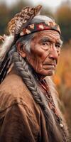 Elderly indigenous man wearing traditional attire in a natural setting photo