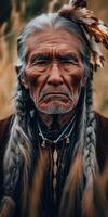 Portrait of a Native American elder with intricate braids and feathers photo