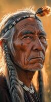 Portrait of a native elder with long braids in golden light photo