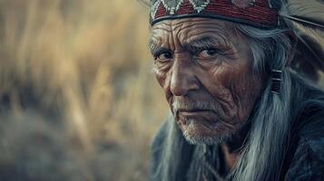 Elderly man in traditional attire gazing thoughtfully in golden grassland photo