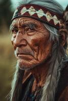 Native elder posing in traditional attire against natural background photo