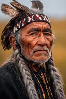 An old native man with feathers on his head photo