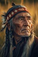 Elderly Native American man in traditional attire during golden hour photo