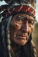 Portrait of a wise elder with traditional headdress in natural light photo