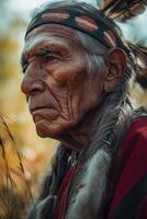 An old native american man with feathers on his head photo